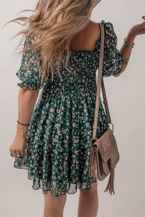 Floral Smocked Puff Sleeve A Line Mini Dress with Square Neck